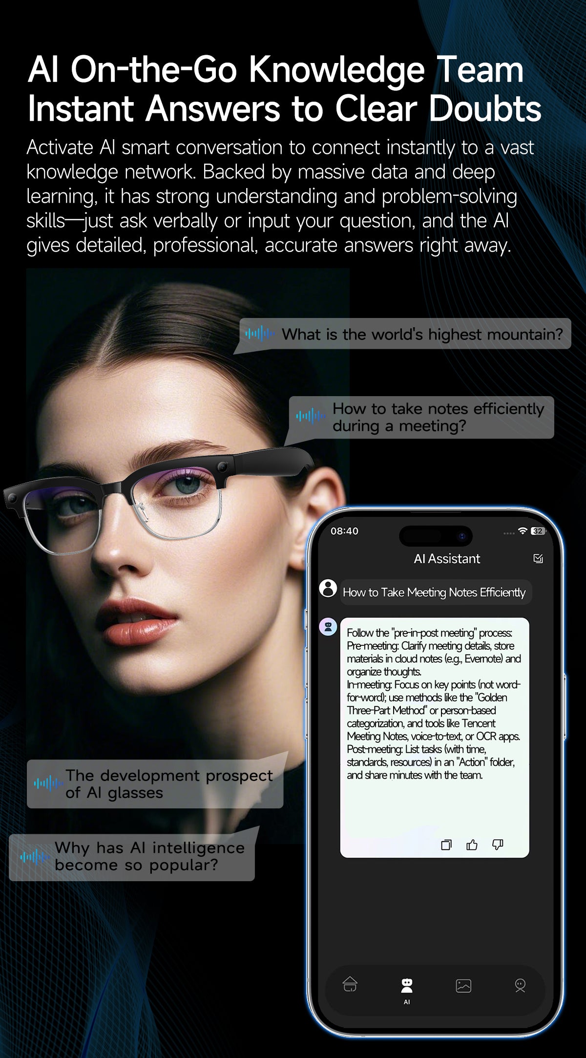 AI Smart Glasses, HD Photo & Video Recording, Bluetooth Headset for Calls & Music, Wireless Connected Eyeglasses