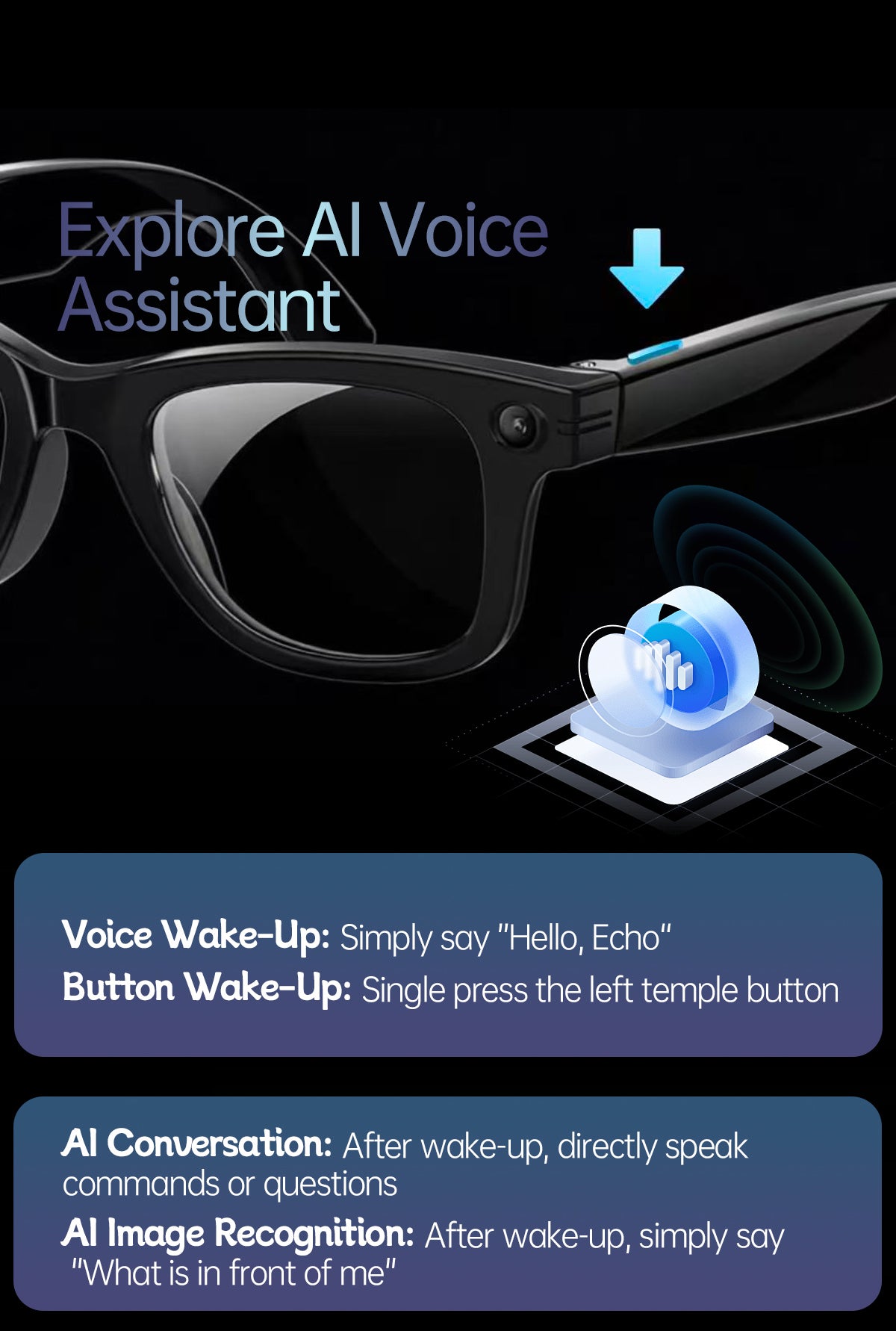 Smart AI Glasses with Camera & Audio Recorder – Hands-Free POV Video, Noise Cancelling Mic, Bluetooth Calls & Music