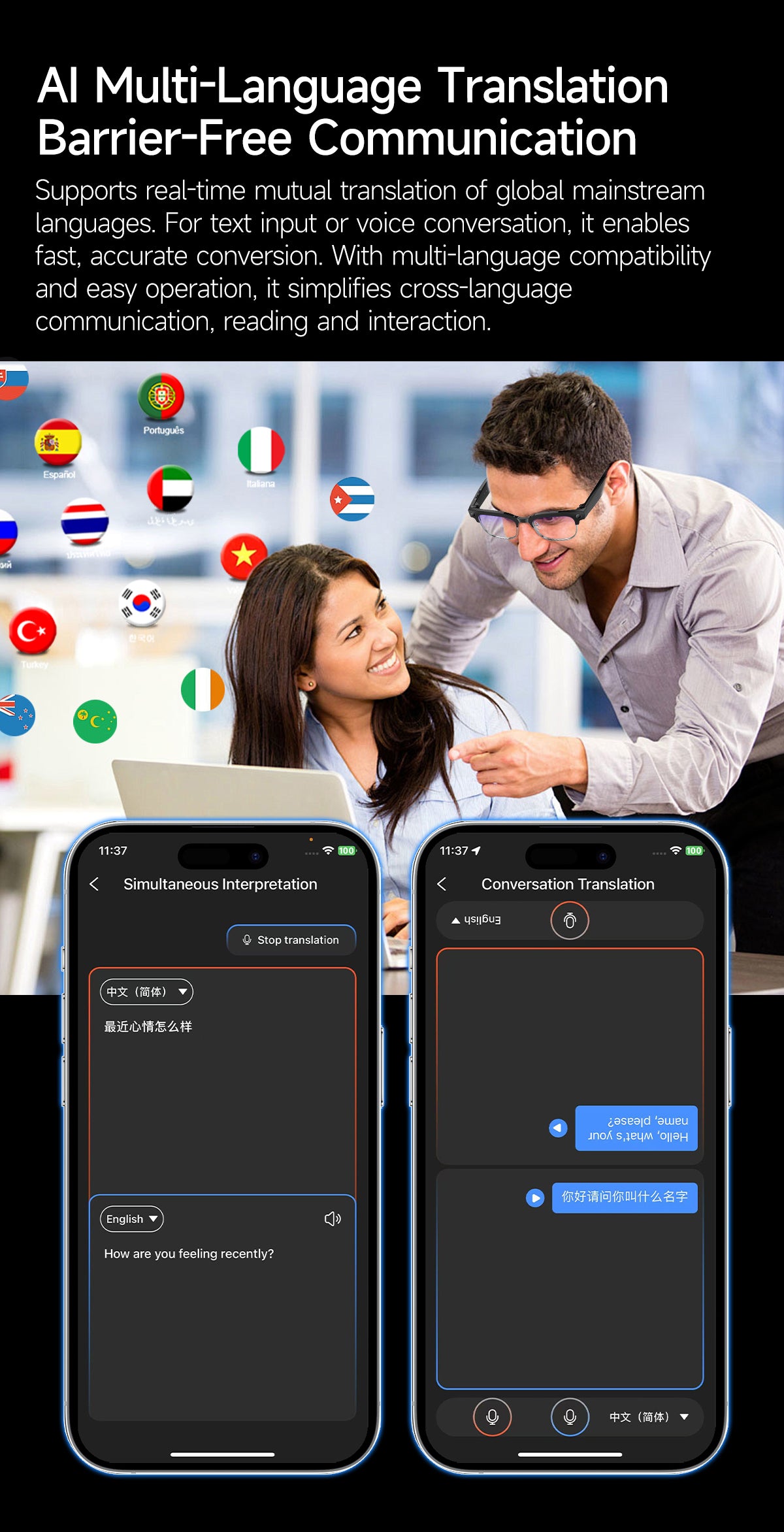 AI Smart Glasses, HD Photo & Video Recording, Bluetooth Headset for Calls & Music, Wireless Connected Eyeglasses