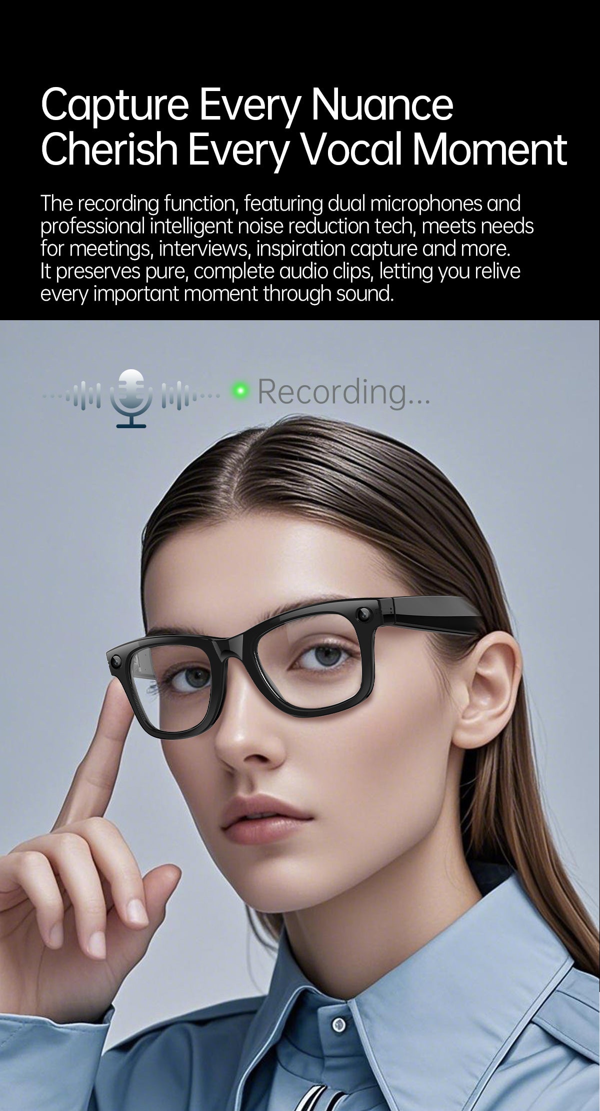 Smart AI Glasses with Camera & Audio Recorder – Hands-Free POV Video, Noise Cancelling Mic, Bluetooth Calls & Music
