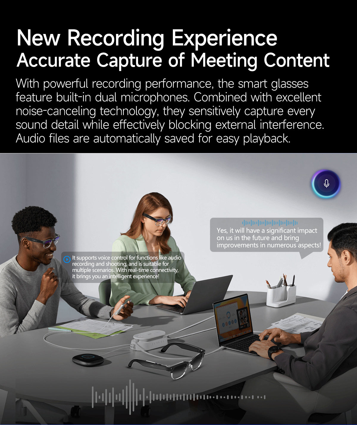 AI Smart Glasses, HD Photo & Video Recording, Bluetooth Headset for Calls & Music, Wireless Connected Eyeglasses