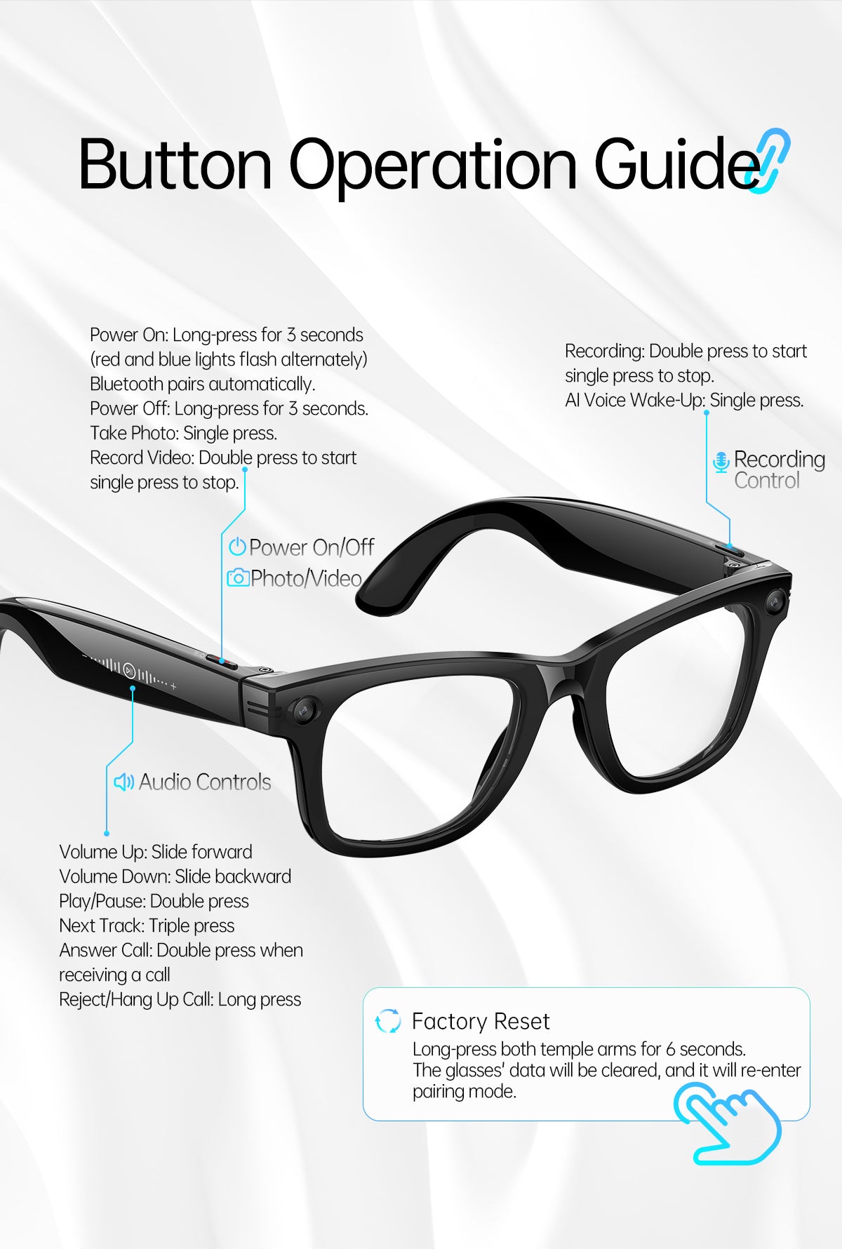 Smart AI Glasses with Camera & Audio Recorder – Hands-Free POV Video, Noise Cancelling Mic, Bluetooth Calls & Music