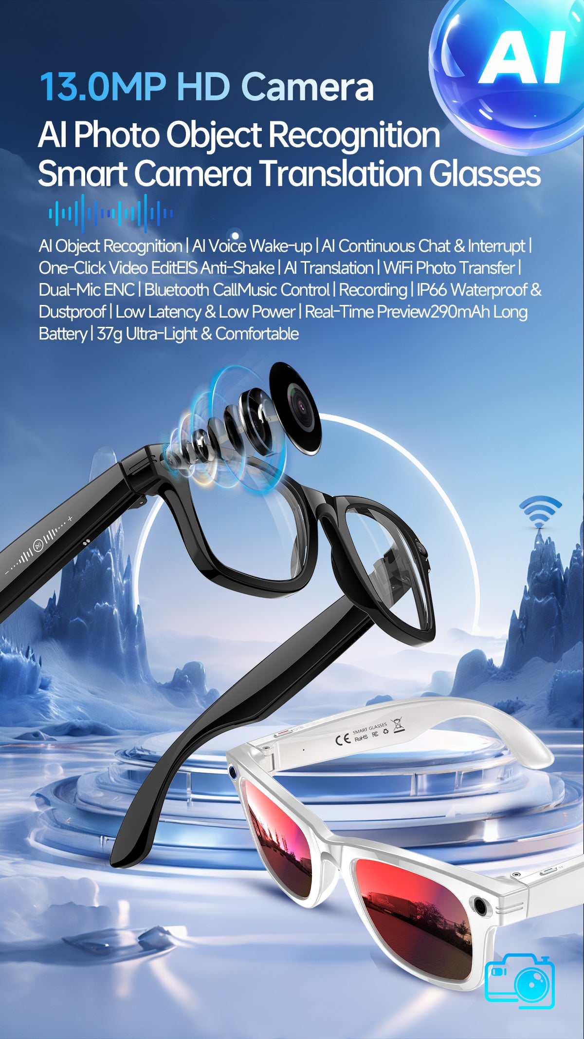 Smart AI Glasses with Camera & Audio Recorder – Hands-Free POV Video, Noise Cancelling Mic, Bluetooth Calls & Music