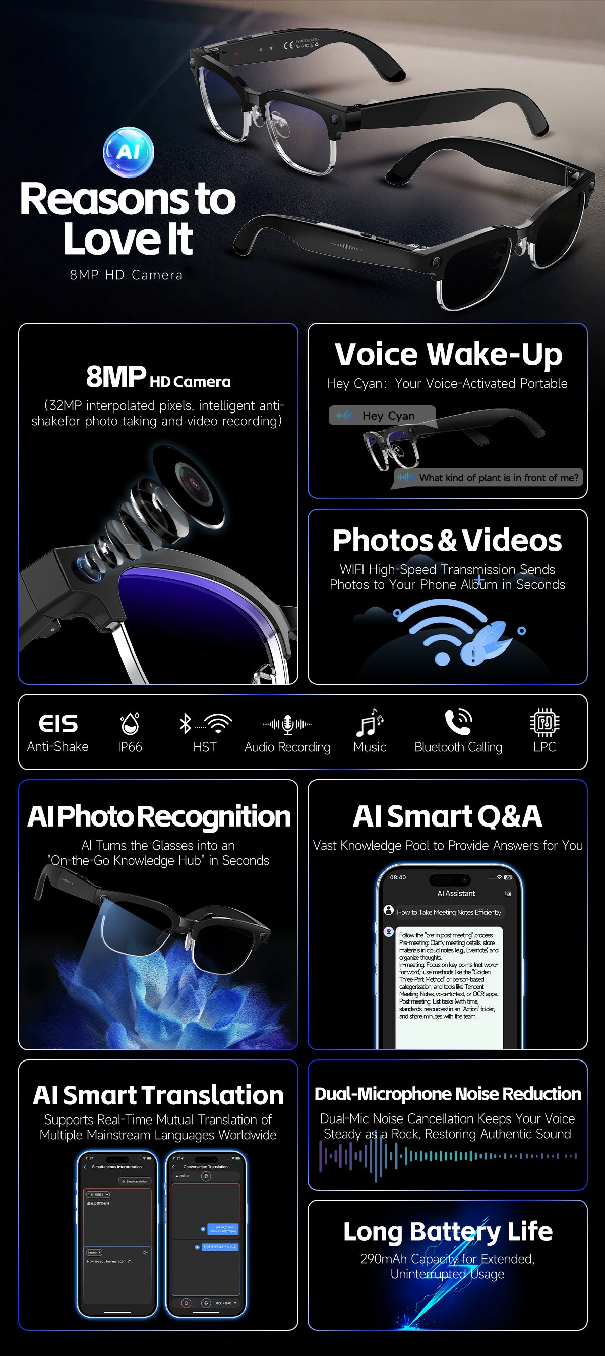 AI Smart Glasses, HD Photo & Video Recording, Bluetooth Headset for Calls & Music, Wireless Connected Eyeglasses