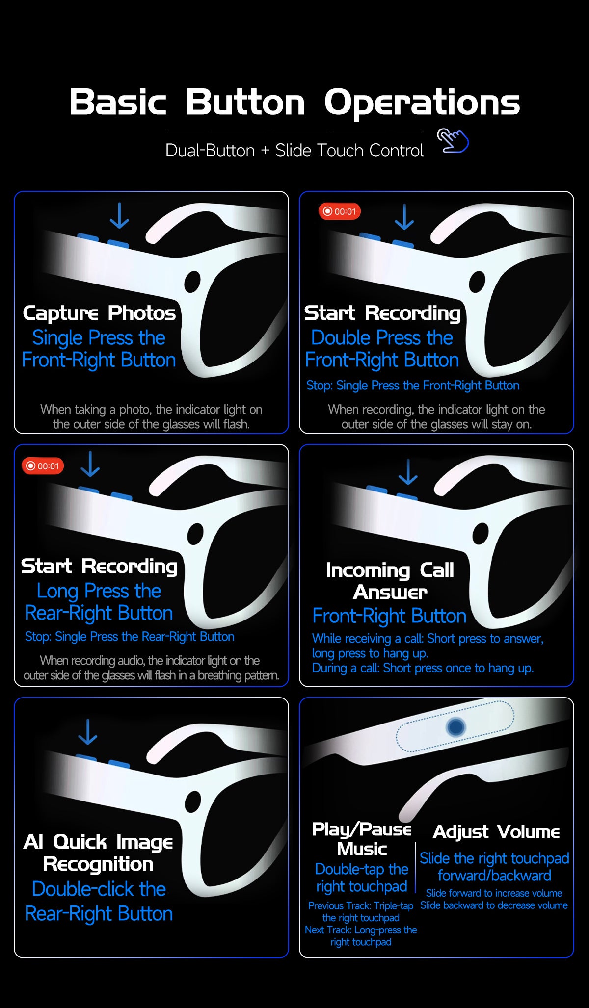 AI Smart Glasses, HD Photo & Video Recording, Bluetooth Headset for Calls & Music, Wireless Connected Eyeglasses