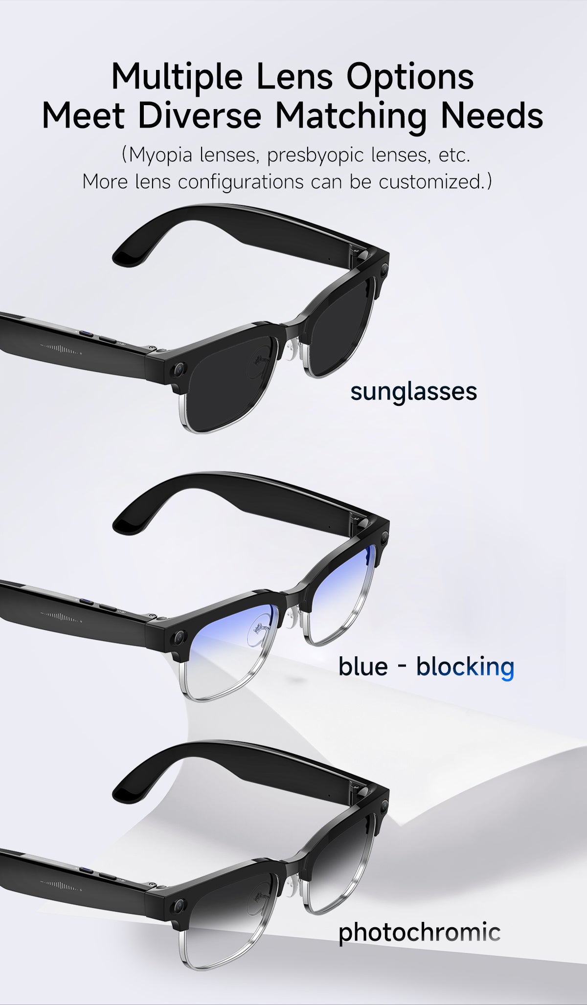 AI Smart Glasses, HD Photo & Video Recording, Bluetooth Headset for Calls & Music, Wireless Connected Eyeglasses
