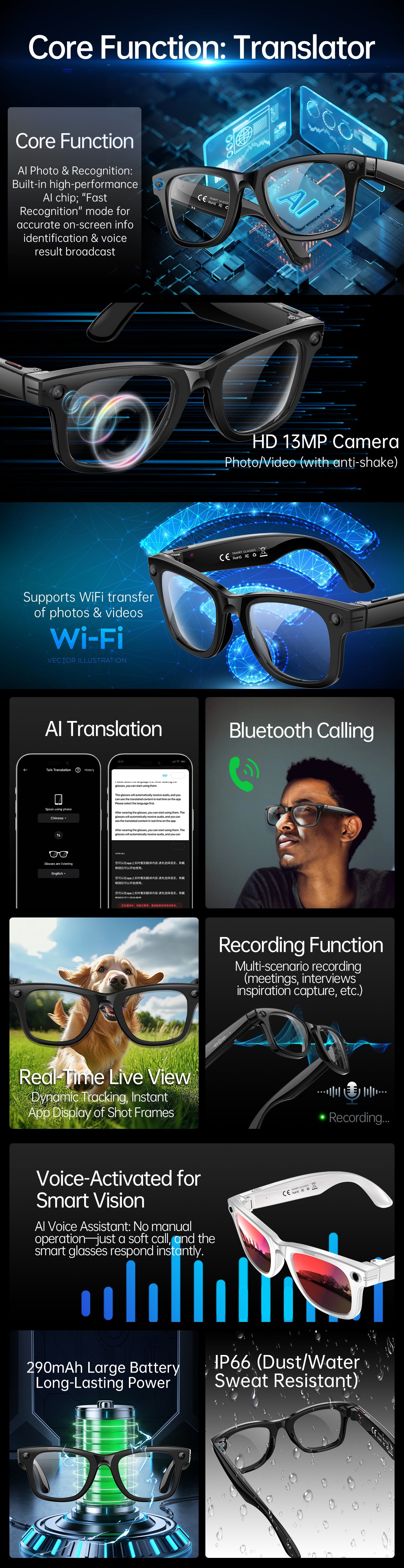 Smart AI Glasses with Camera & Audio Recorder – Hands-Free POV Video, Noise Cancelling Mic, Bluetooth Calls & Music