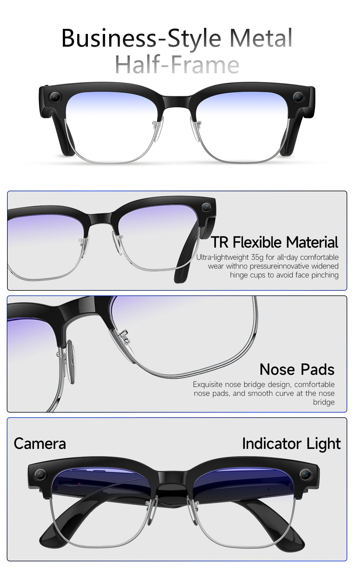 AI Smart Glasses, HD Photo & Video Recording, Bluetooth Headset for Calls & Music, Wireless Connected Eyeglasses
