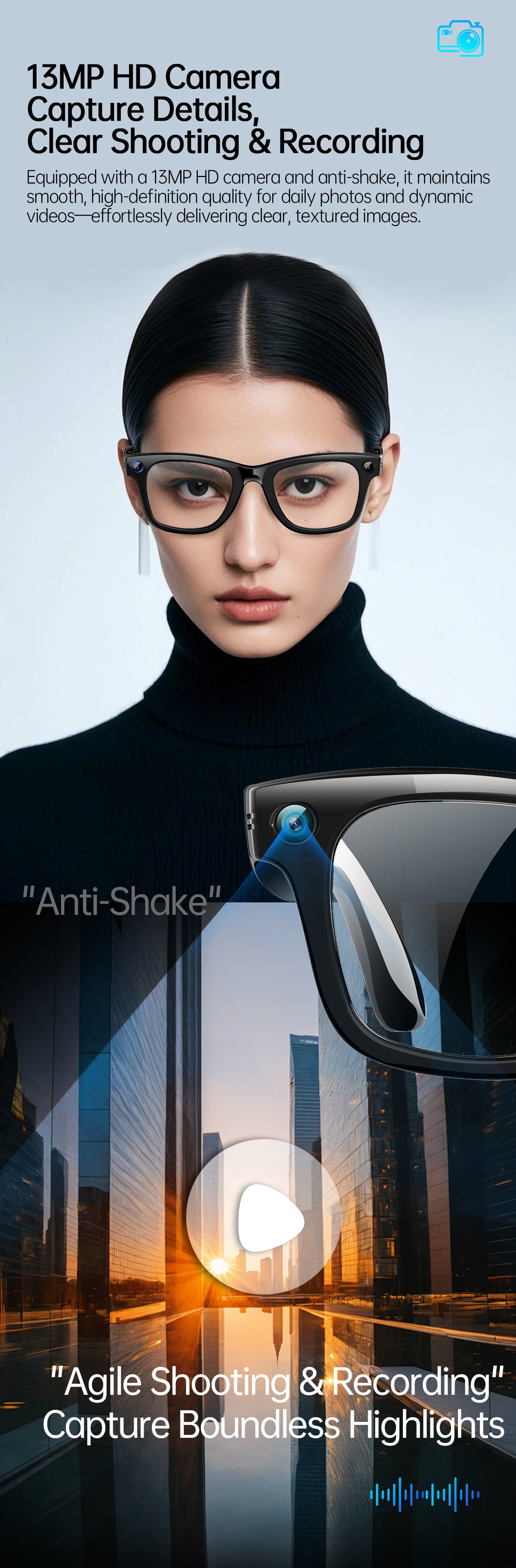 Smart AI Glasses with Camera & Audio Recorder – Hands-Free POV Video, Noise Cancelling Mic, Bluetooth Calls & Music