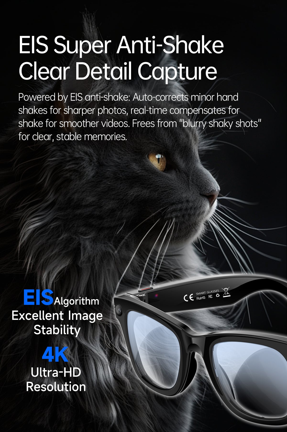Smart AI Glasses with Camera & Audio Recorder – Hands-Free POV Video, Noise Cancelling Mic, Bluetooth Calls & Music