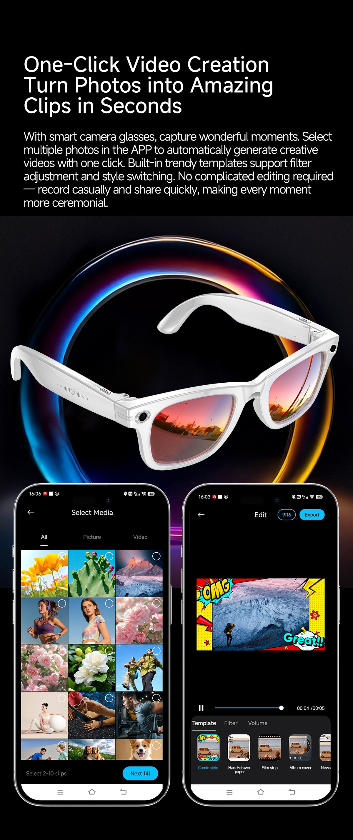 Smart AI Glasses with Camera & Audio Recorder – Hands-Free POV Video, Noise Cancelling Mic, Bluetooth Calls & Music