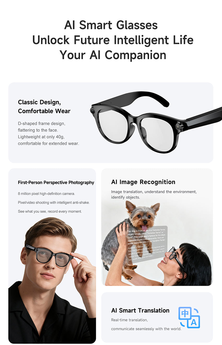 AI Audio & Video Glasses | First-Person Vlog Recording, Clear Stereo Sound, AI Transcription & All-Day Wearable