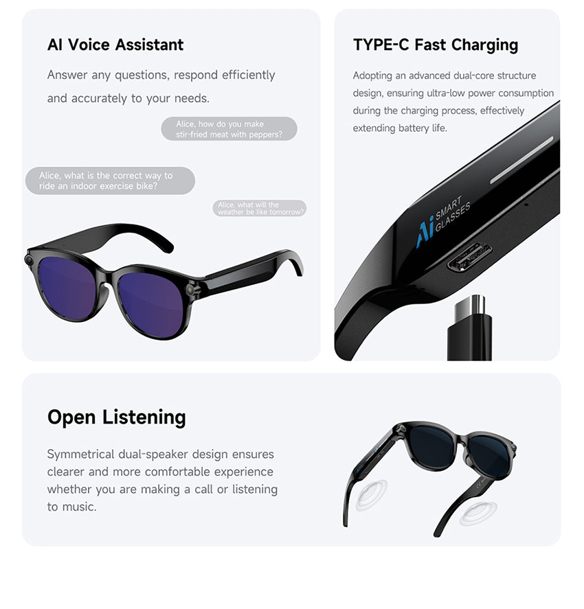 AI Audio & Video Glasses | First-Person Vlog Recording, Clear Stereo Sound, AI Transcription & All-Day Wearable