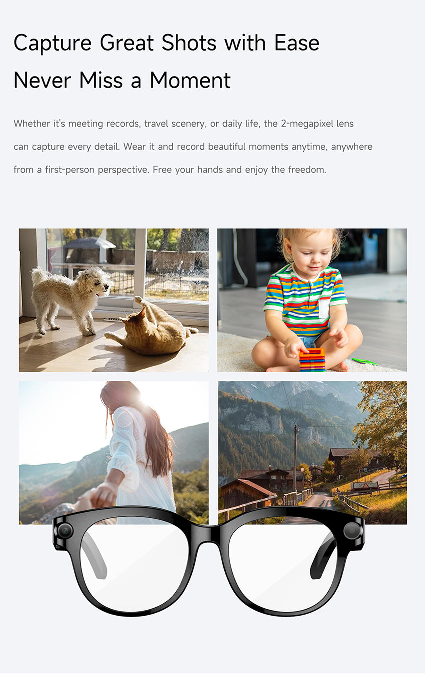 AI Audio & Video Glasses | First-Person Vlog Recording, Clear Stereo Sound, AI Transcription & All-Day Wearable