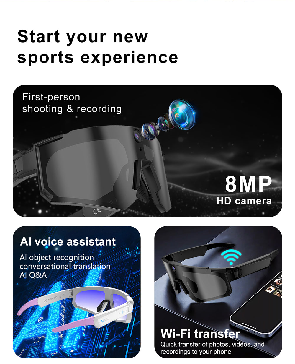 AI Sports Recording Smart Glasses | 8MP First-Person Camera EIS Anti-Shake Cycling Sunglasses with AI Voice Assistant, Bluetooth Call & Wi-Fi Transfer