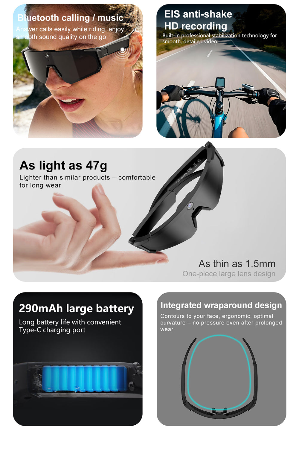 AI Sports Recording Smart Glasses | 8MP First-Person Camera EIS Anti-Shake Cycling Sunglasses with AI Voice Assistant, Bluetooth Call & Wi-Fi Transfer