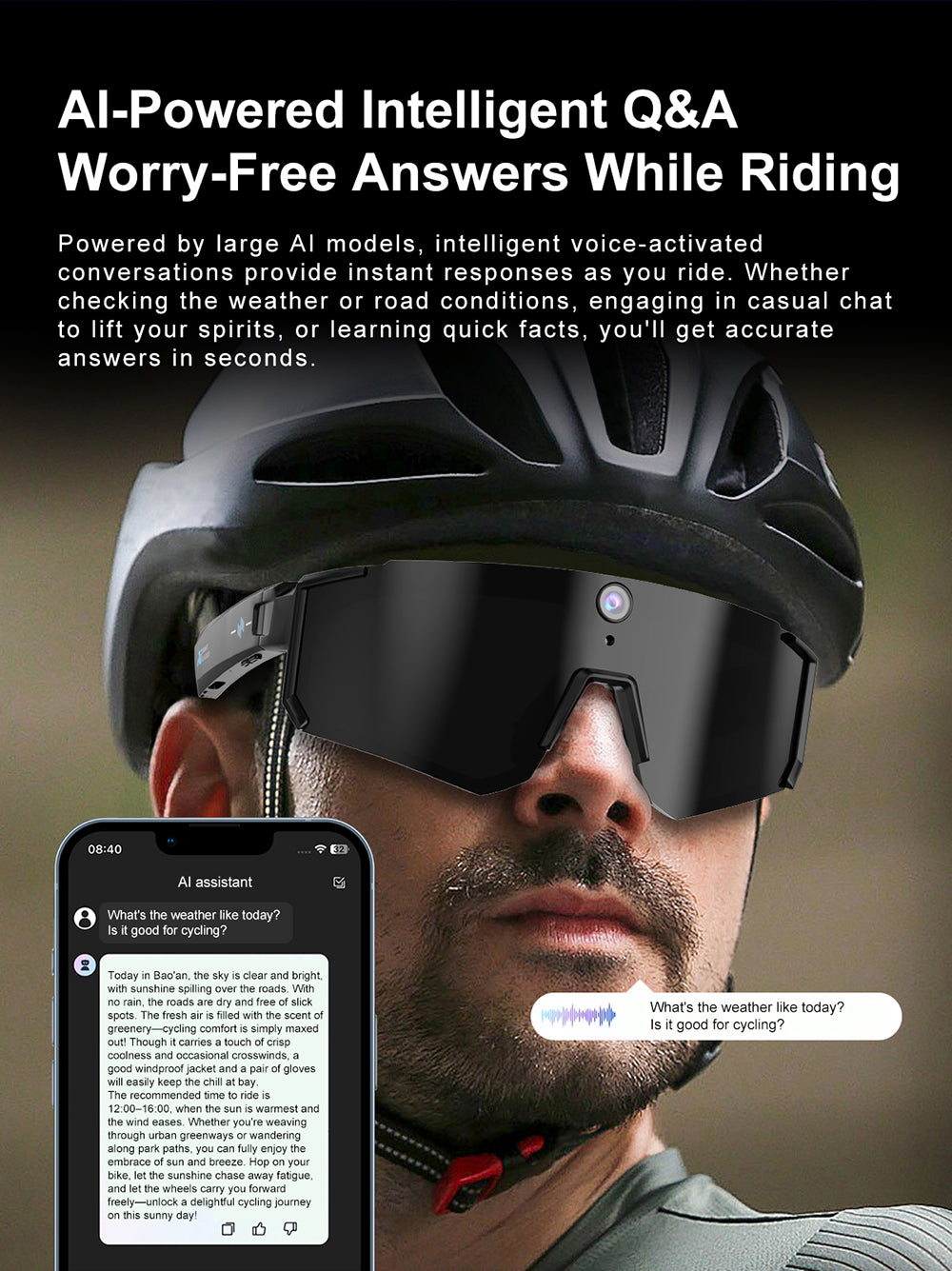 AI Sports Recording Smart Glasses | 8MP First-Person Camera EIS Anti-Shake Cycling Sunglasses with AI Voice Assistant, Bluetooth Call & Wi-Fi Transfer