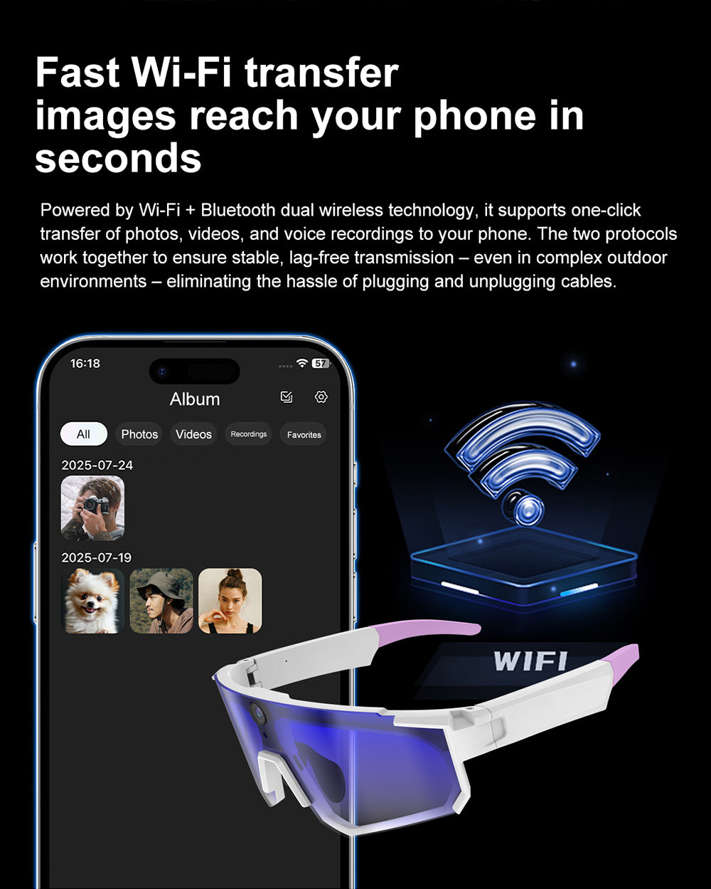 AI Sports Recording Smart Glasses | 8MP First-Person Camera EIS Anti-Shake Cycling Sunglasses with AI Voice Assistant, Bluetooth Call & Wi-Fi Transfer
