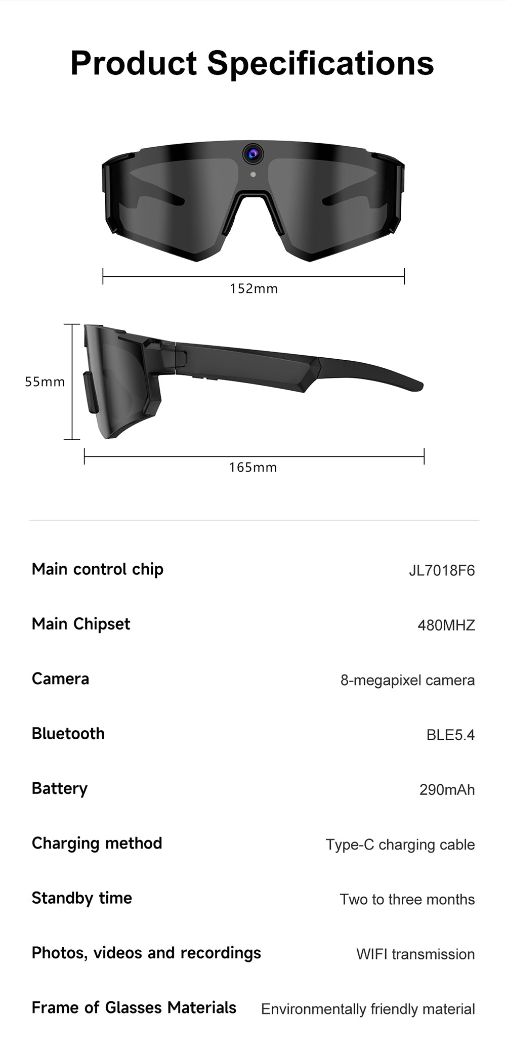 AI Sports Recording Smart Glasses | 8MP First-Person Camera EIS Anti-Shake Cycling Sunglasses with AI Voice Assistant, Bluetooth Call & Wi-Fi Transfer