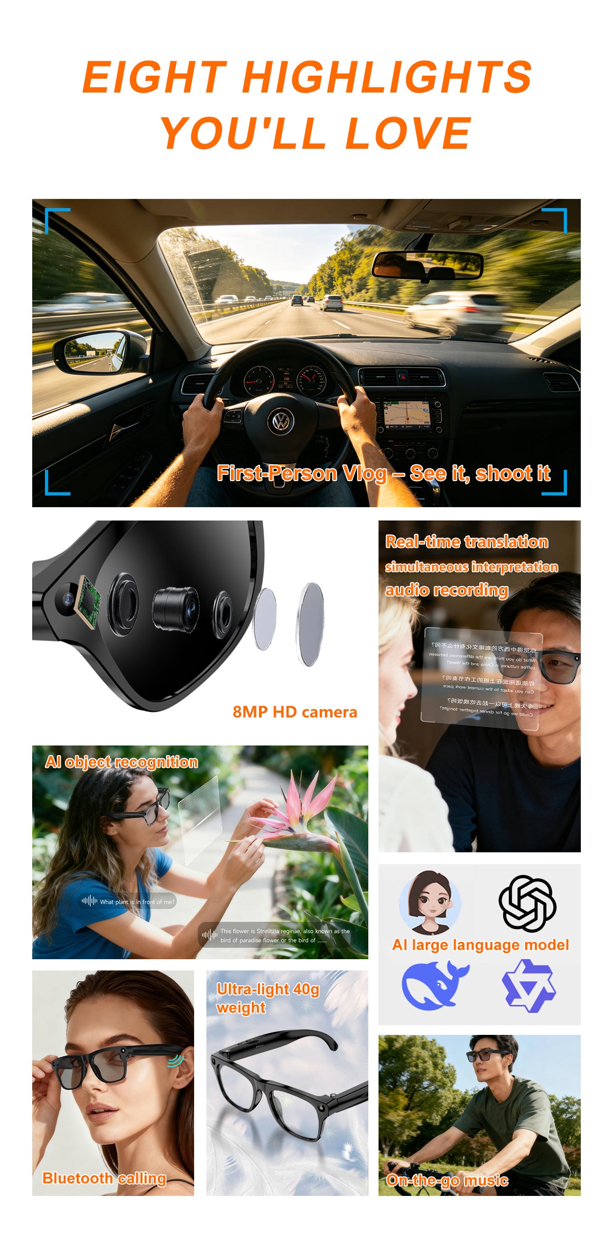 Fashion AI Smart Recording Sunglasses, 40g Ultra Light 8MP 1080P Anti-Shake Camera Glasses with Bluetooth Call, Real-Time Translation & AI Voice Assistant