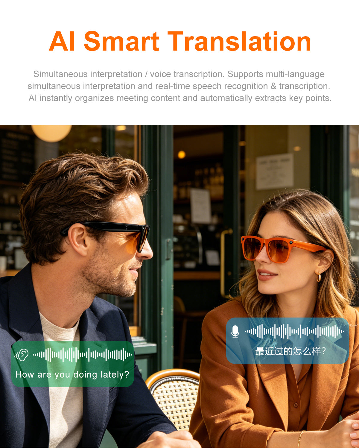 Fashion AI Smart Recording Sunglasses, 40g Ultra Light 8MP 1080P Anti-Shake Camera Glasses with Bluetooth Call, Real-Time Translation & AI Voice Assistant