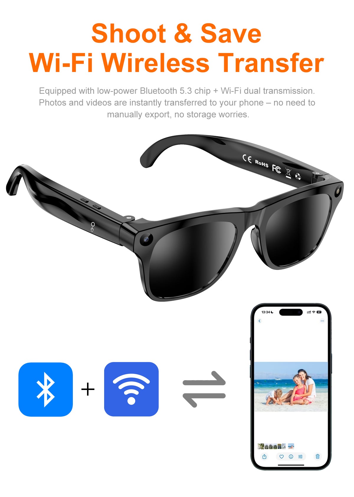 Fashion AI Smart Recording Sunglasses, 40g Ultra Light 8MP 1080P Anti-Shake Camera Glasses with Bluetooth Call, Real-Time Translation & AI Voice Assistant