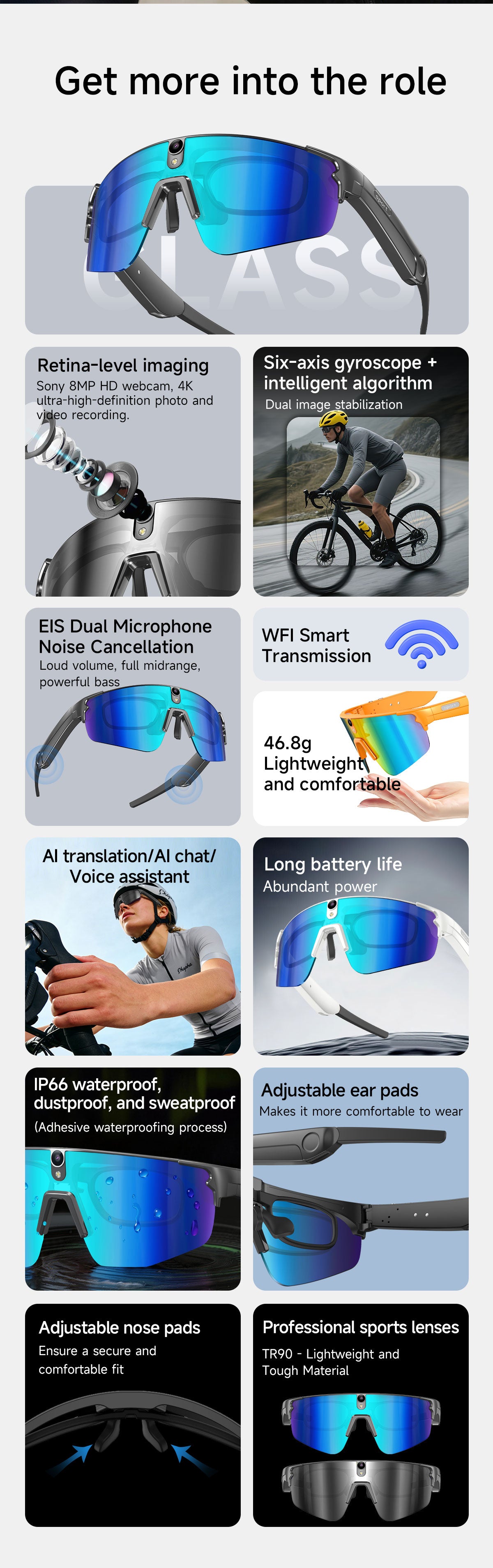 Sports Smart Glasses for Riding | Built-in Camera & AI Audio Recorder, Anti-Vibration, Open-Ear Headphones